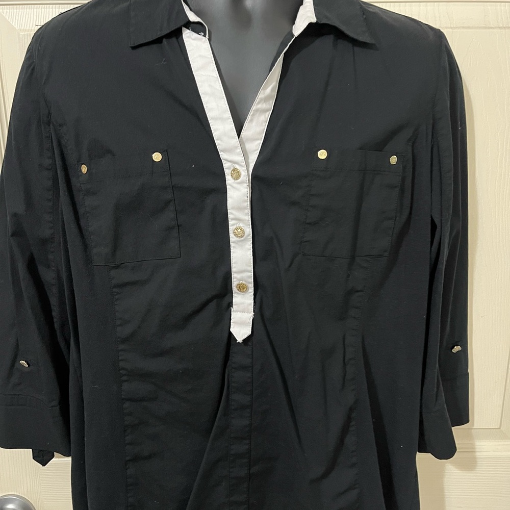 Anne Klein Black Button-Up Shirt with White Trim XL